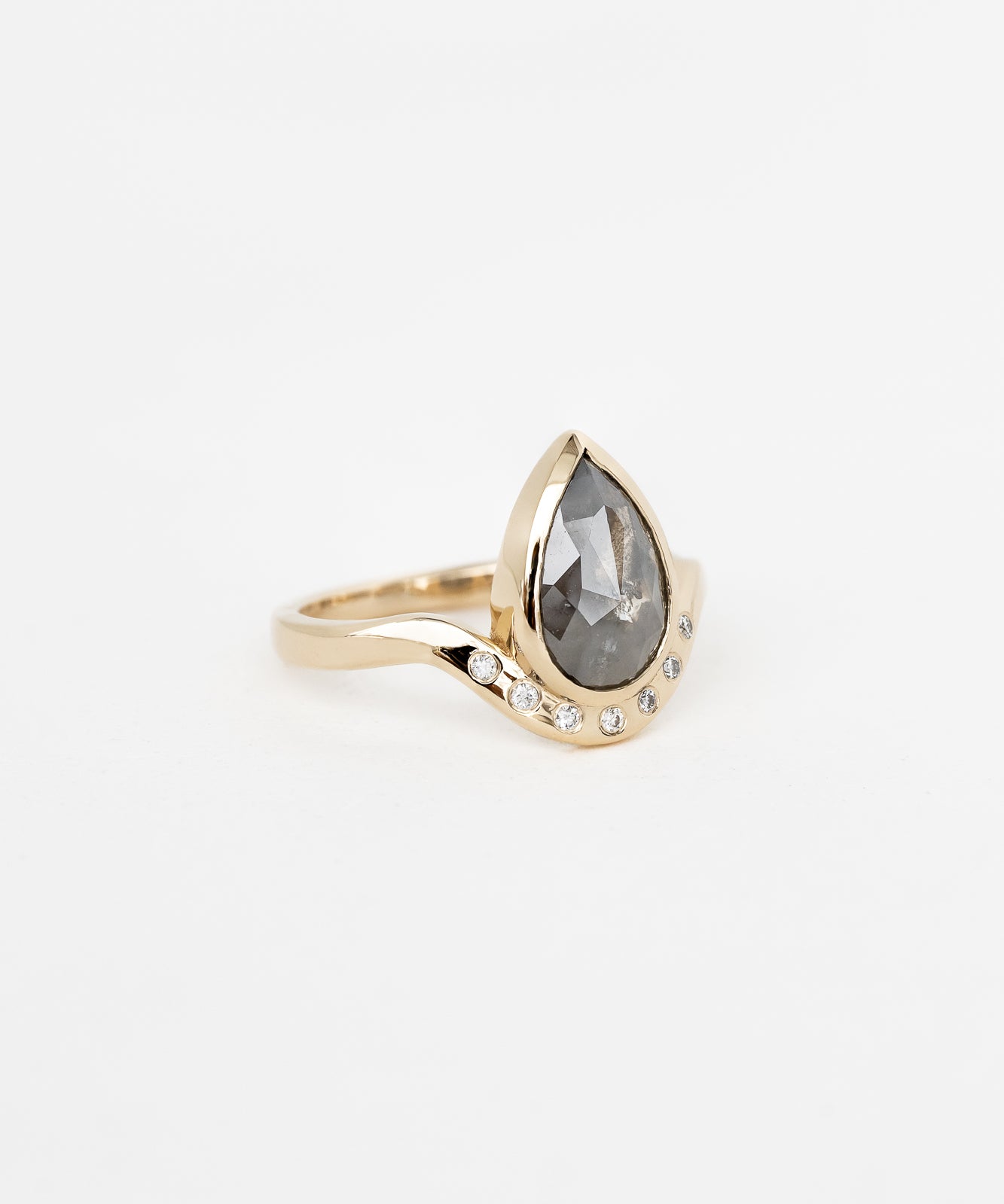 Dark gray salt and pepper diamond rose cut diamond bezel engagement ring