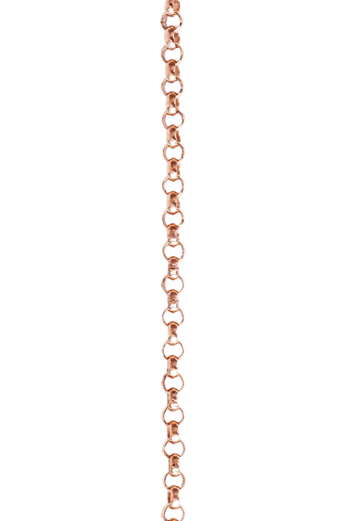Rose Gold Filled 1.4MM Rolo chain with a small link, creating a long chain design.