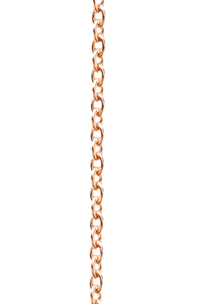A 14k rose gold forever linked chain with a small 1.5mm cable link, forming a long and elegant chain.