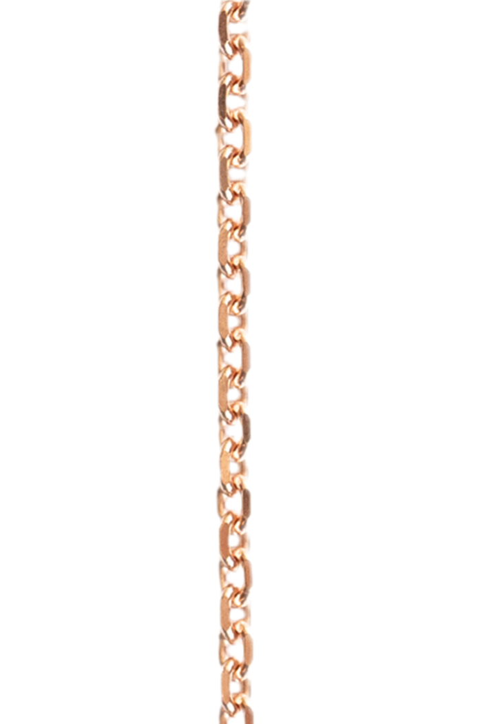 A 14k gold chain with small links, 1.8mm DC cable design, in rose gold.