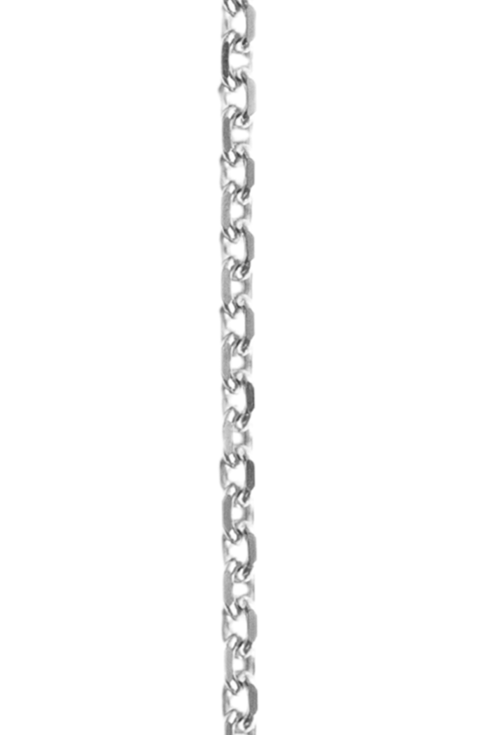 A 14k gold chain with small links, 1.8mm DC cable design, in white gold.