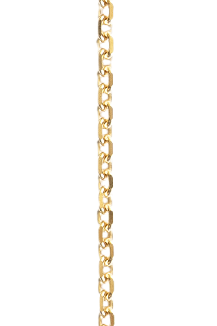 A 14k gold chain with small links, 1.8mm DC cable design, in yellow gold.