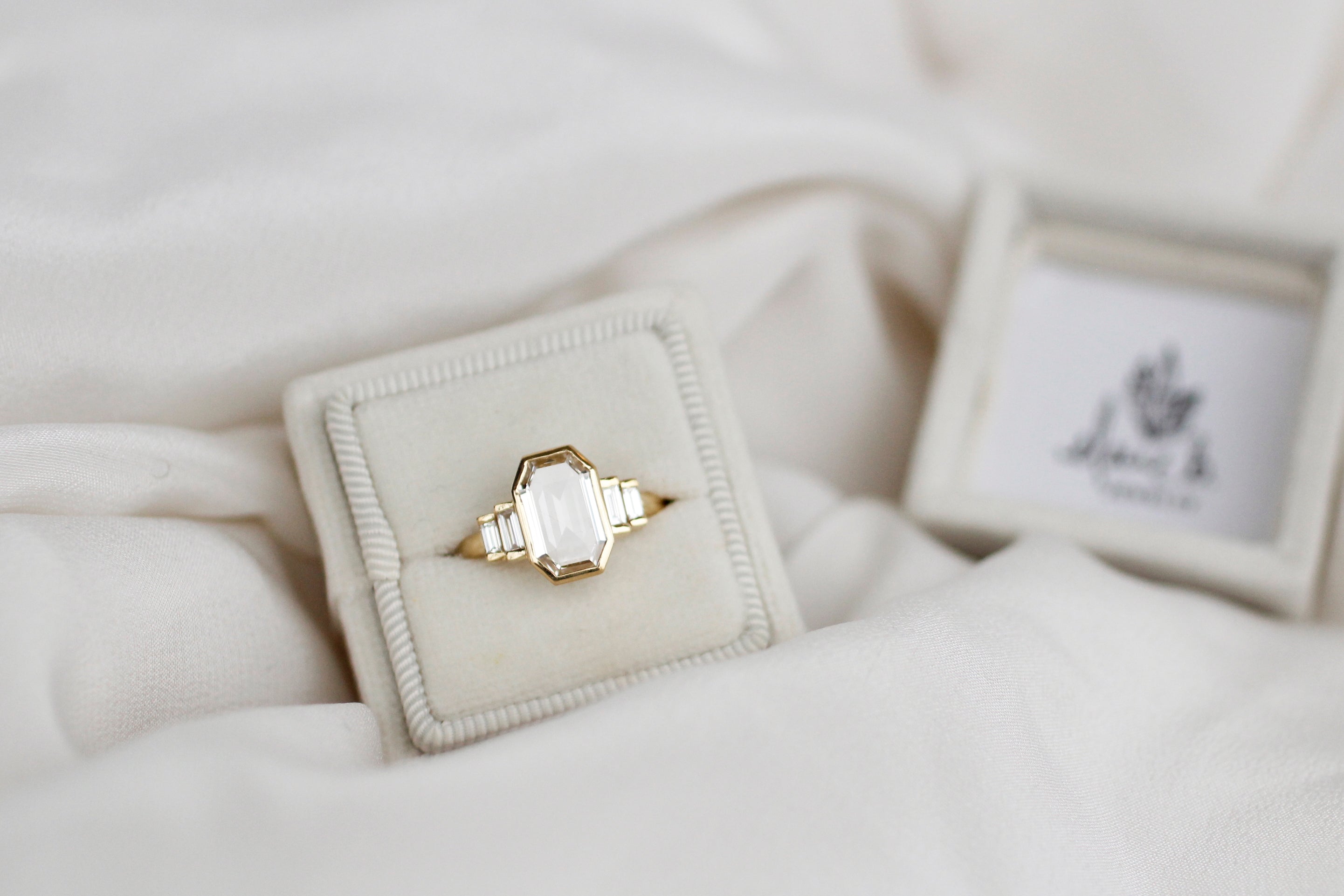 A white box with a gold ring placed on it, showcasing elegance and simplicity.