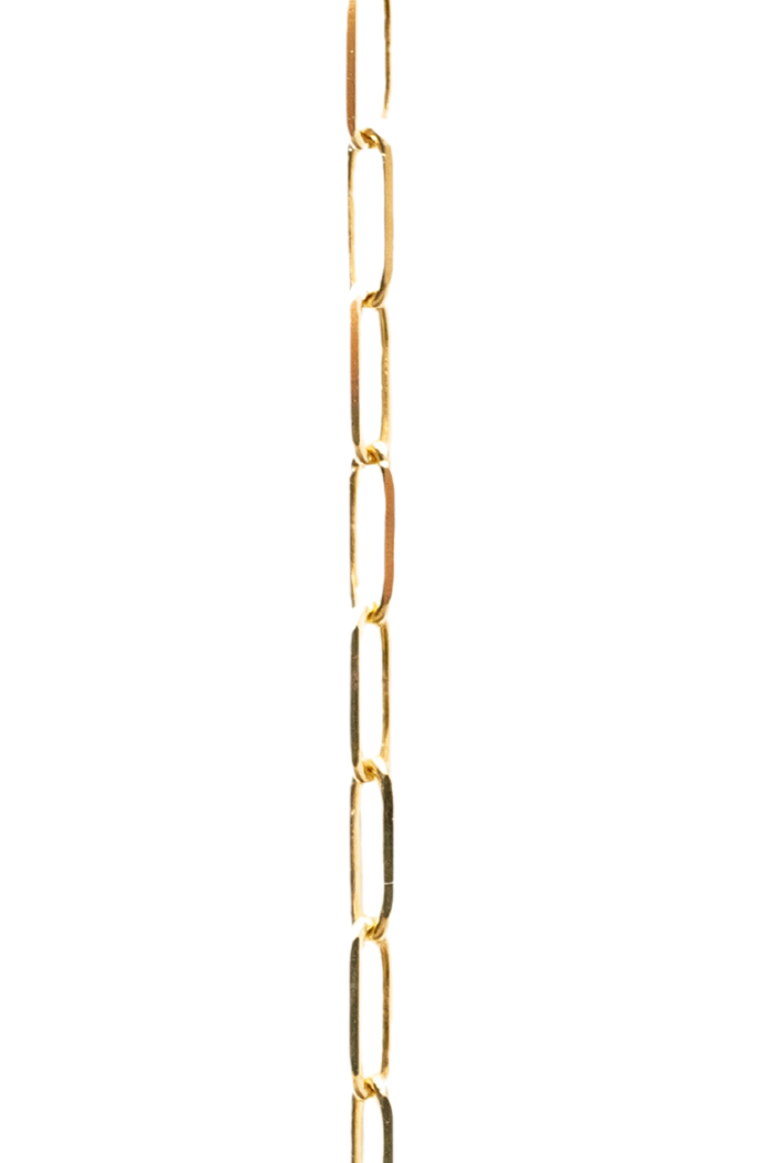 Yellow Gold paperclip chain with 14k gold links, creating a long and elegant design.