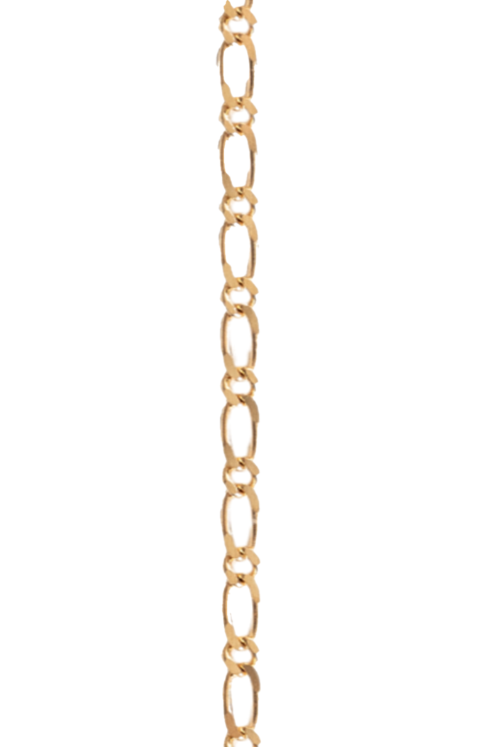 A 14k gold chain with a large oval link with small ovals in between, forming a long and elegant accessory.