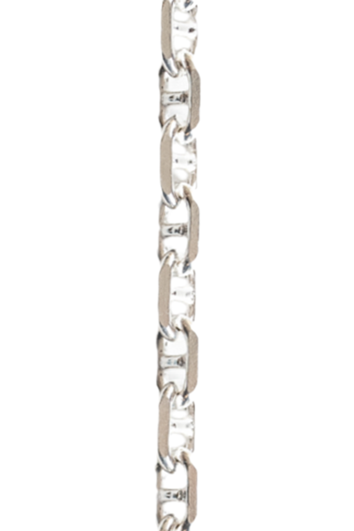 A sterling silver chain with anchor shaped links, measuring 3.1mm, adds elegance to any outfit.