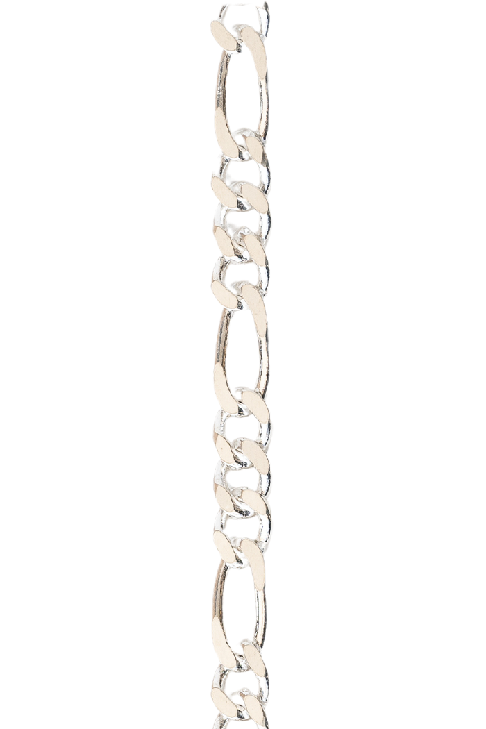 A sterling silver chain with a oval links between three circular links